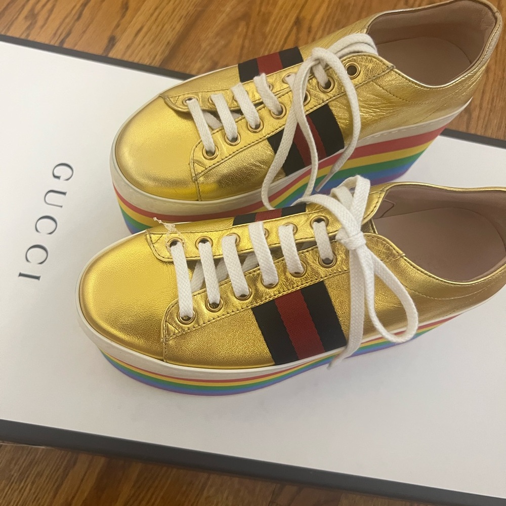 Gucci Peggy Metallic Gold Sneakers with Rainbow Platform